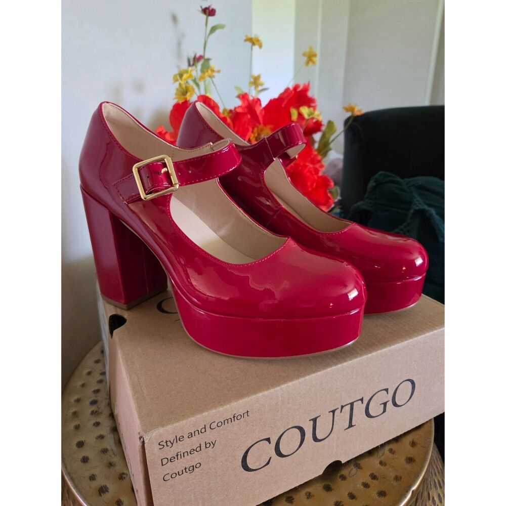 Coutgo Patent Mary Jane Platform Heels – Cherry Red, Size 8